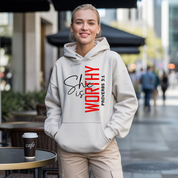 She Is Worthy Hoodie – Empowering Christian Hoodie by Kingdom Klothing