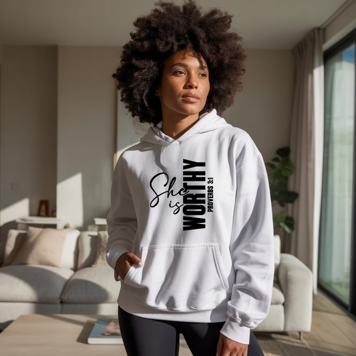 She Is Worthy Hoodie – Christian Women’s Hoodie by Kingdom Klothing | Faith & Identity Apparel