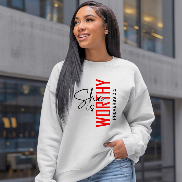 She Is Worthy Christian Sweatshirt – Empowering Faith Apparel by Kingdom Klothing
