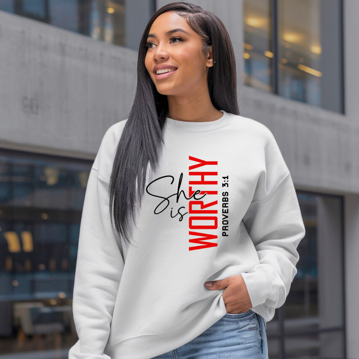 She Is Worthy Christian Sweatshirt – Empowering Faith Apparel by Kingdom Klothing